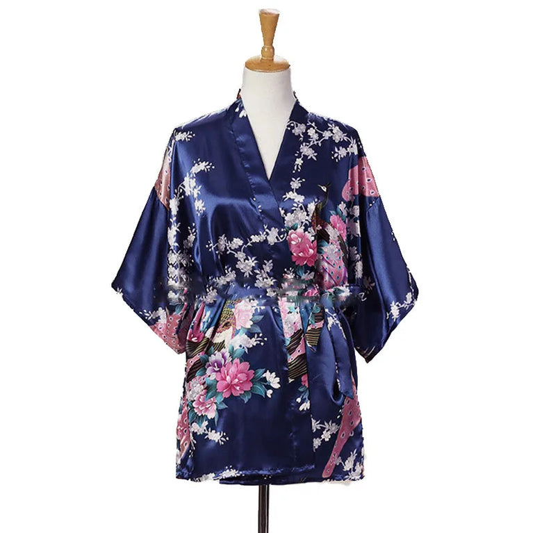 Peacock Print Kimono | Silk Satin Short Sleepwear
