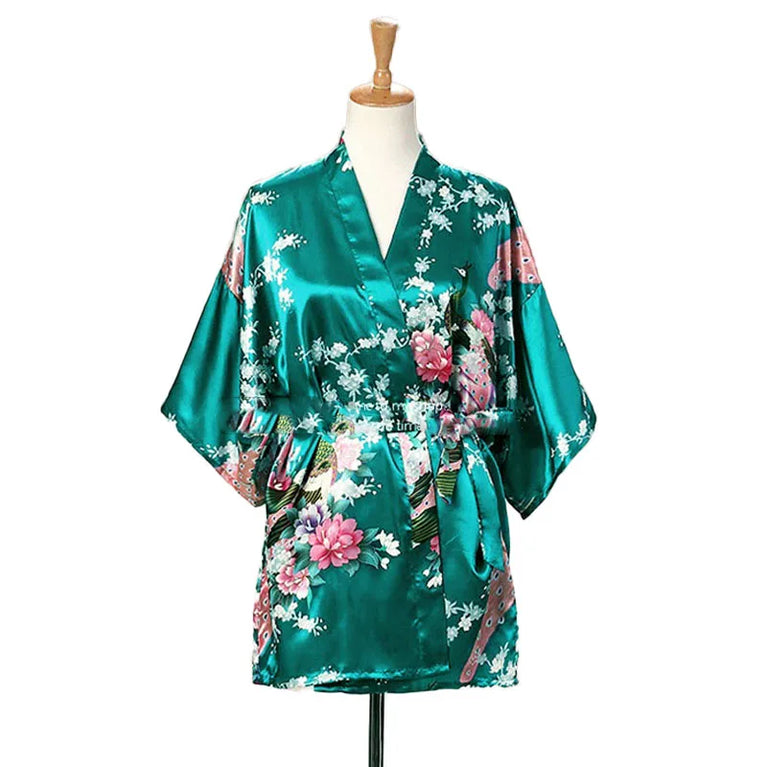 Peacock Print Kimono | Silk Satin Short Sleepwear