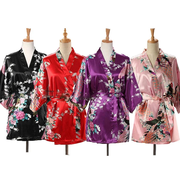 Peacock Print Kimono | Silk Satin Short Sleepwear
