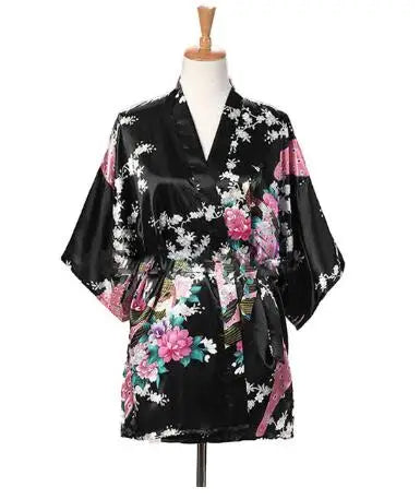 Peacock Print Kimono | Silk Satin Short Sleepwear