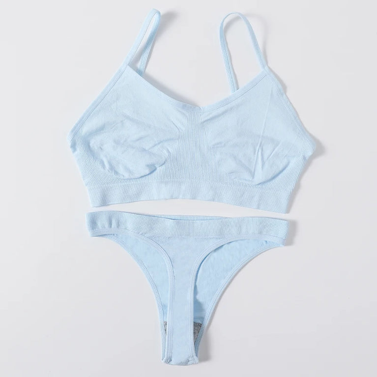 WOMEN SEAMLESS PUSH UP RIBBED BRA AND PANTY SET WIRE FREE SEXY LINGERIE