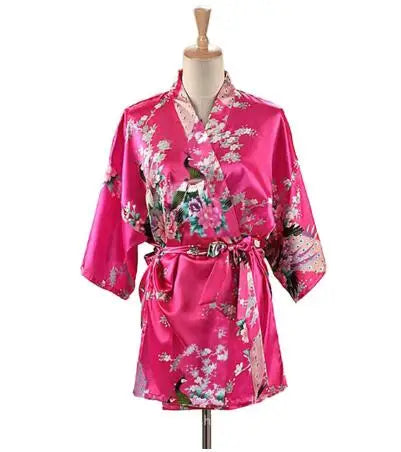 Peacock Print Kimono | Silk Satin Short Sleepwear