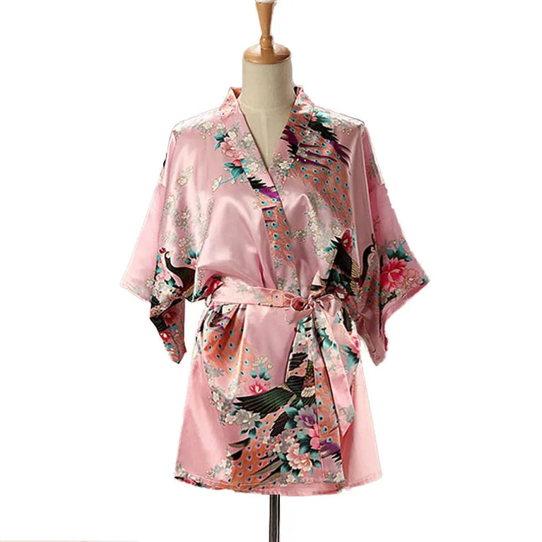 Peacock Print Kimono | Silk Satin Short Sleepwear