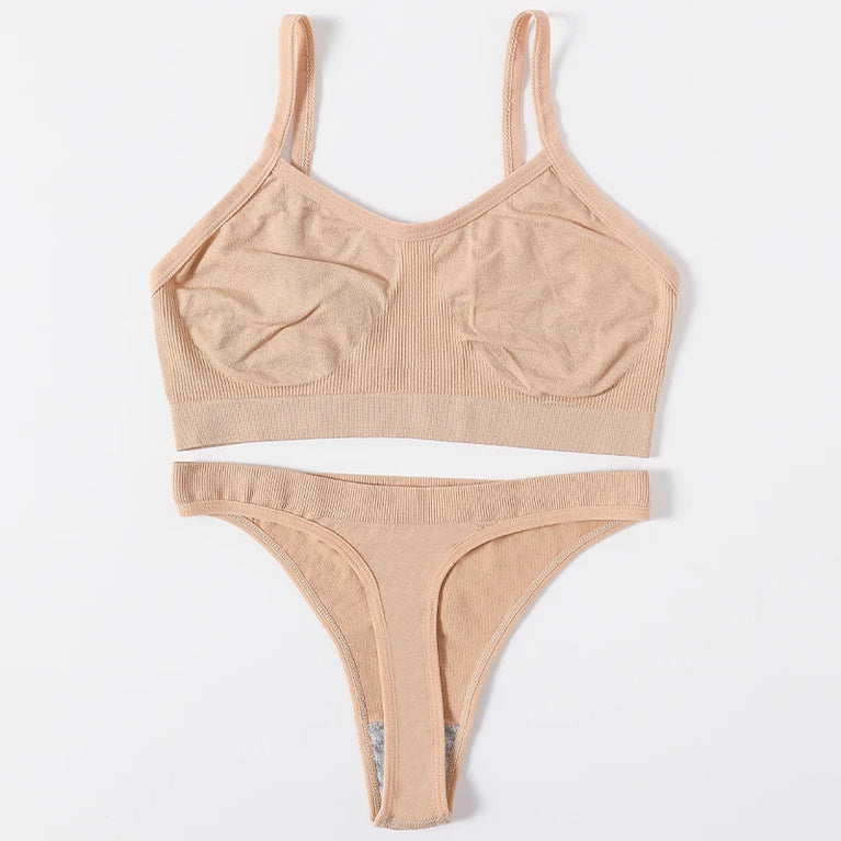 WOMEN SEAMLESS PUSH UP RIBBED BRA AND PANTY SET WIRE FREE SEXY LINGERIE