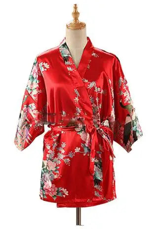 Peacock Print Kimono | Silk Satin Short Sleepwear
