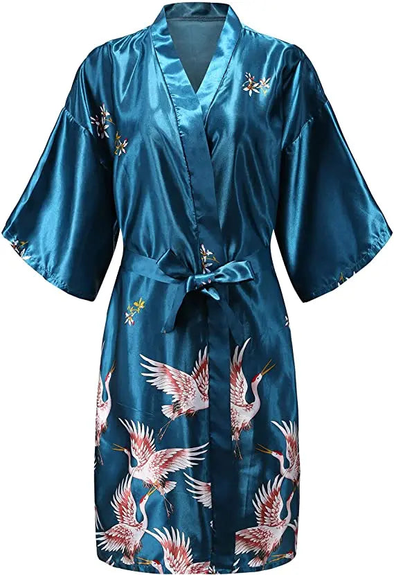 Luxury Floral Satin Silk Robe – Elegant Short-Sleeve Kimono Bathrobe for Brides, Bridesmaids, and Summer Lounging