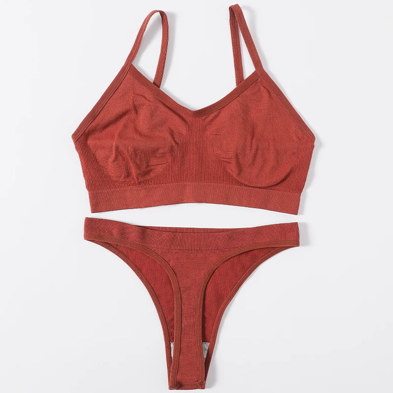 WOMEN SEAMLESS PUSH UP RIBBED BRA AND PANTY SET WIRE FREE SEXY LINGERIE