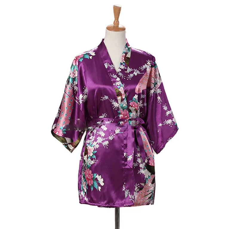 Peacock Print Kimono | Silk Satin Short Sleepwear