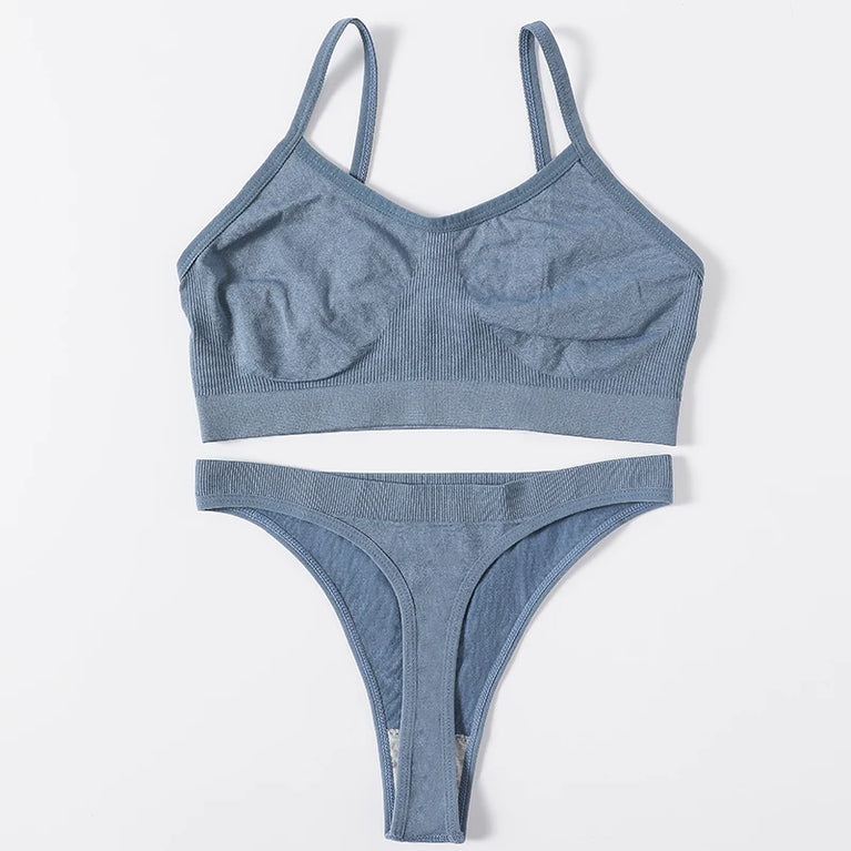 WOMEN SEAMLESS PUSH UP RIBBED BRA AND PANTY SET WIRE FREE SEXY LINGERIE