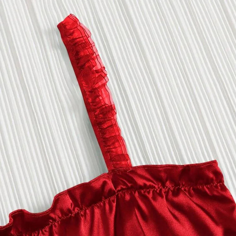 Red Satin Heart Pajama Set | Silky Tie-Knot Cami & Shorts