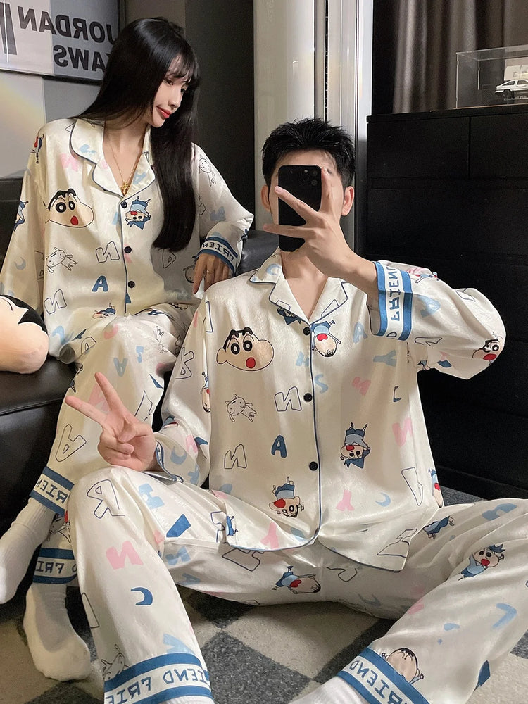 Couples Ice Silk Pajama Set | Cartoon Long-Sleeve Cardigan