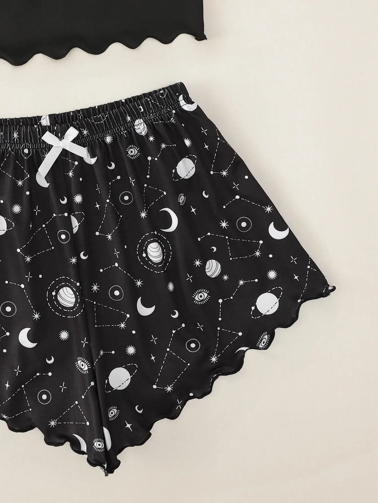 Star Moon Printed Pajama Set | Summer Sleeveless Sleepwear