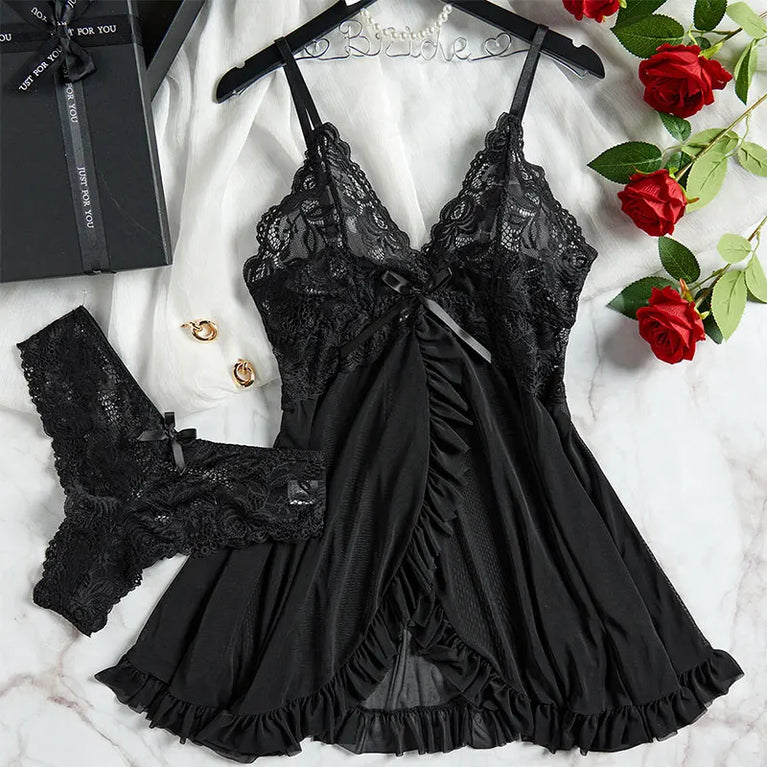 V-Neck Lace and Linen Mini Nightgown - Sexy Sleepwear for Women