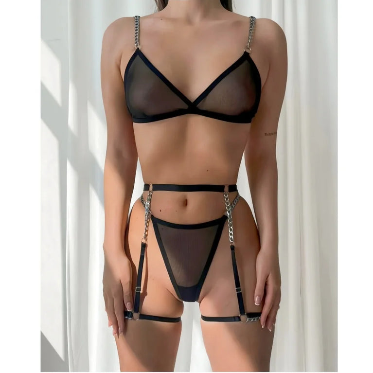 ULTRA THIN MESH BRA AND THONG LINGERIE SET SEE THROUGH METAL CHAIN 4PCS SEXY UNDERWEAR