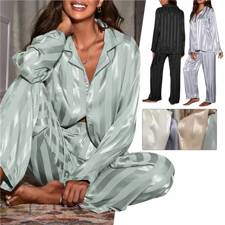 Women's Striped Satin Pajama Set | Long Sleeve Summer Home Suit