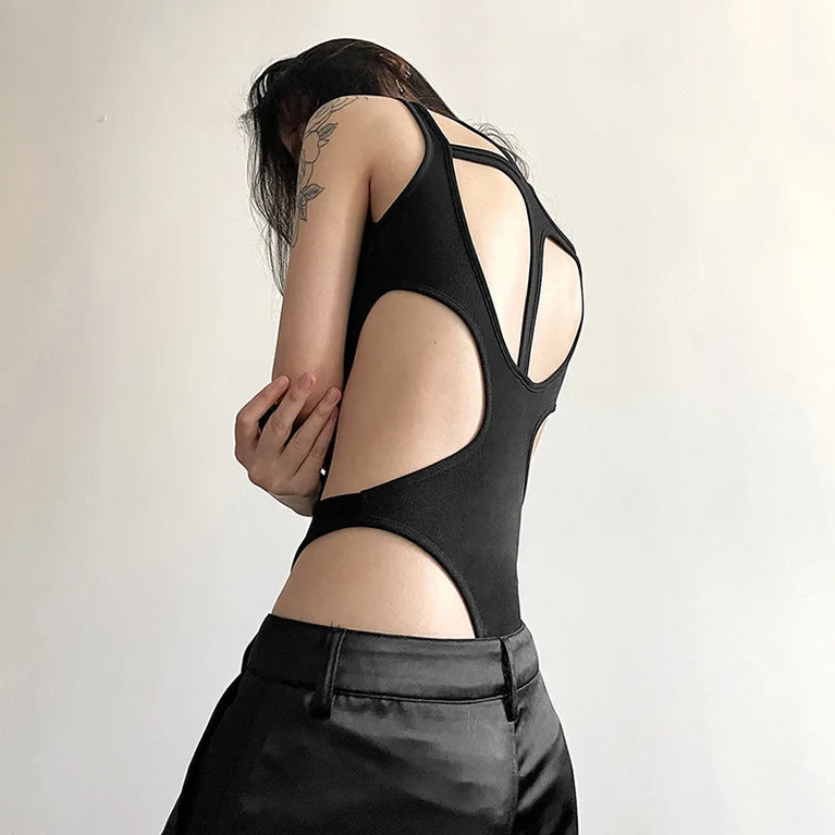 Hollow-Out Gothic Bodysuit | Sexy Woven Spring Top