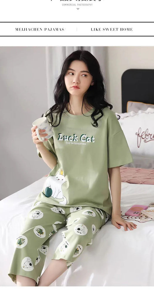 Women’s Milk Silk Pajama Set | Cute Cartoon Calf-Length Pants