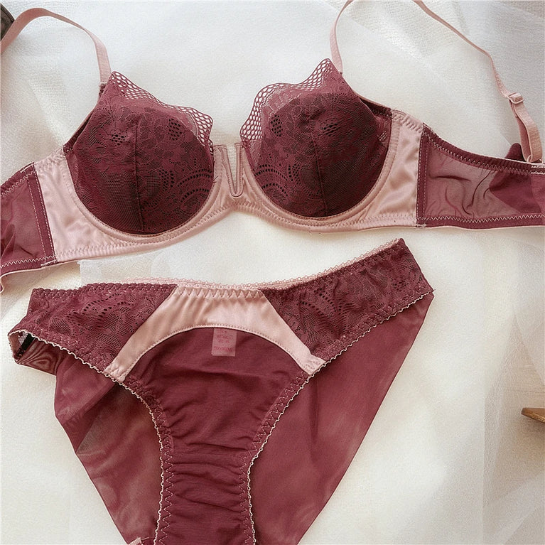 Floral Lace Plunge Push Up Bra Set – Elegant Underwire Lingerie