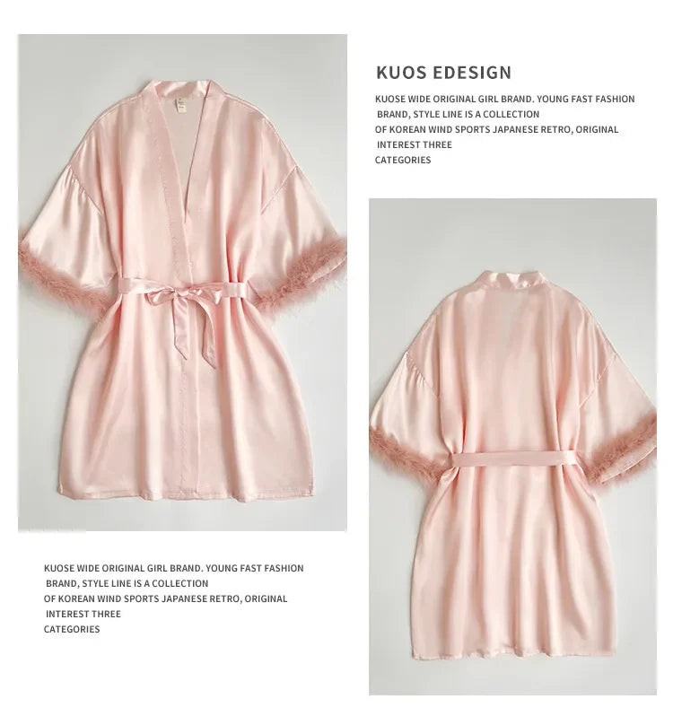 Bridal Satin Robe | Feather-Trim Wedding Kimono