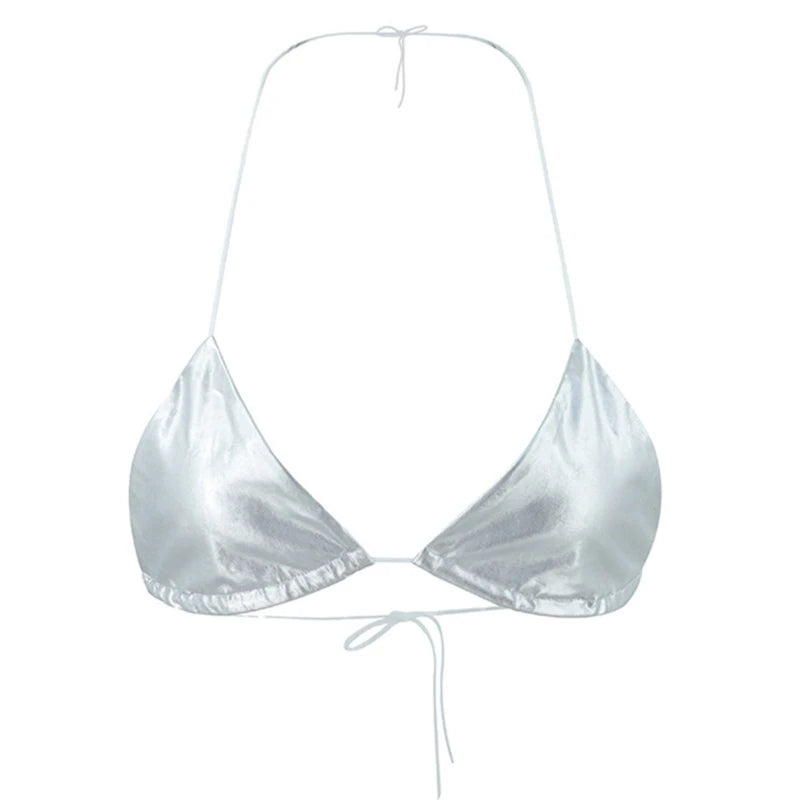 Metallic Silver Halter Bralette | Sexy Seamless Camisole