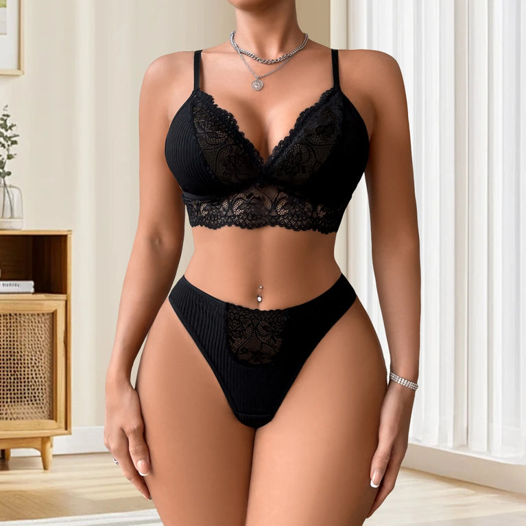 SEXY LACE RIBBED WOMEN UNDERWEAR SET 2PCS BRA AND PANTY WIRE FREE SEXY LINGERIE OUTFIT