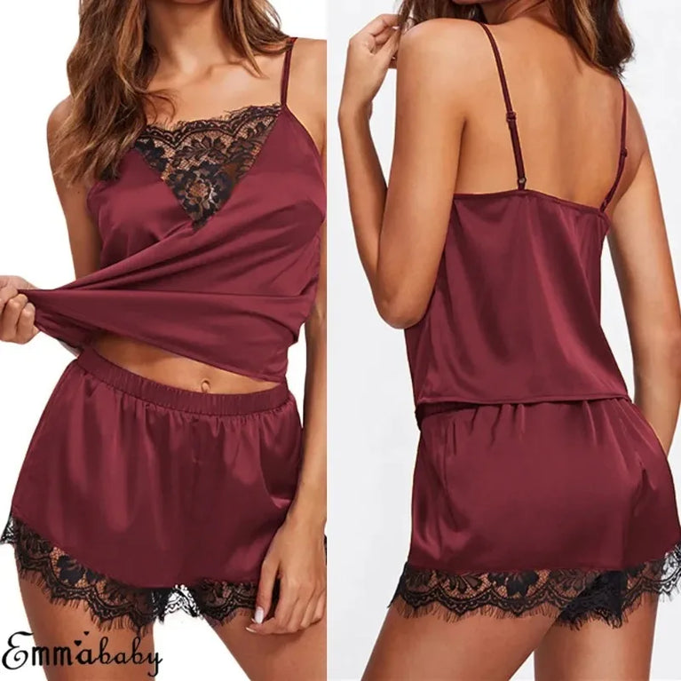 Ice Silk Pajama Set | V-Neck Cami & Lace Shorts
