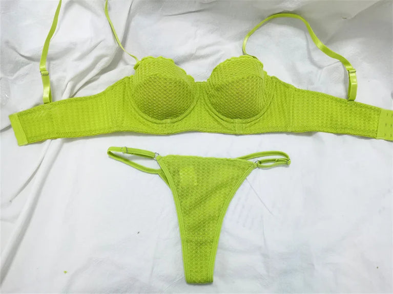 French 1/2 Cup Push-Up Bra Set | Fluorescent Lace Lingerie