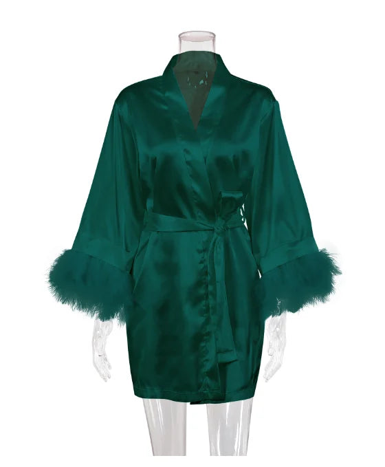 Bridal Satin Robe | Feather-Trim Wedding Kimono