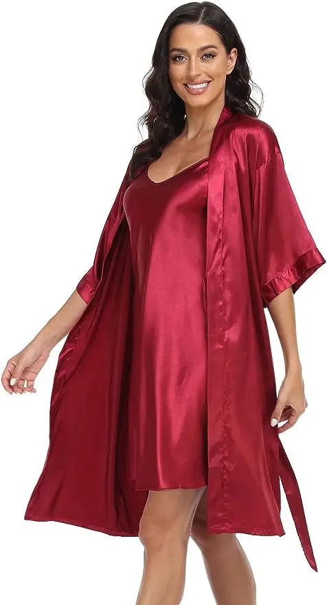 2pc Silk Pajama Set | Satin Robe & Chemise Nightgown