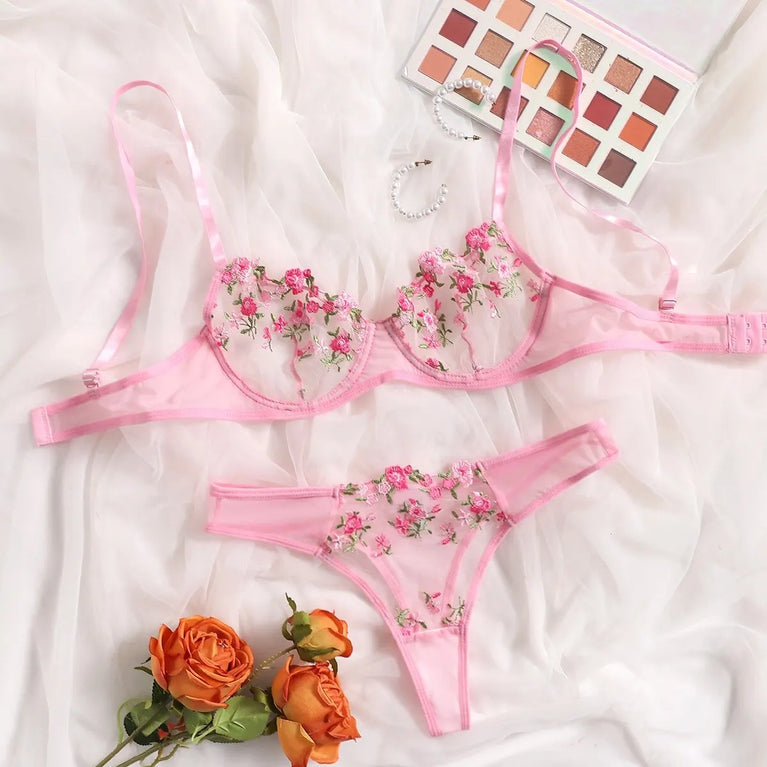 Floral Embroidery Wire-Free Bra & Brief Set – Unlined Sexy Lingerie
