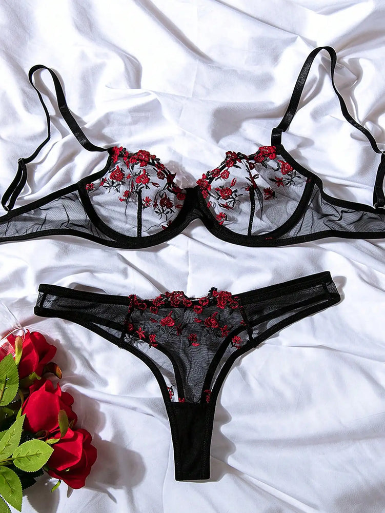 Floral Embroidery Wire-Free Bra & Brief Set – Unlined Sexy Lingerie