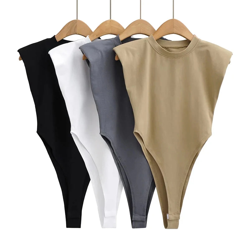 Padded Shoulder Bodysuit | Sexy Sleeveless Bodycon Top
