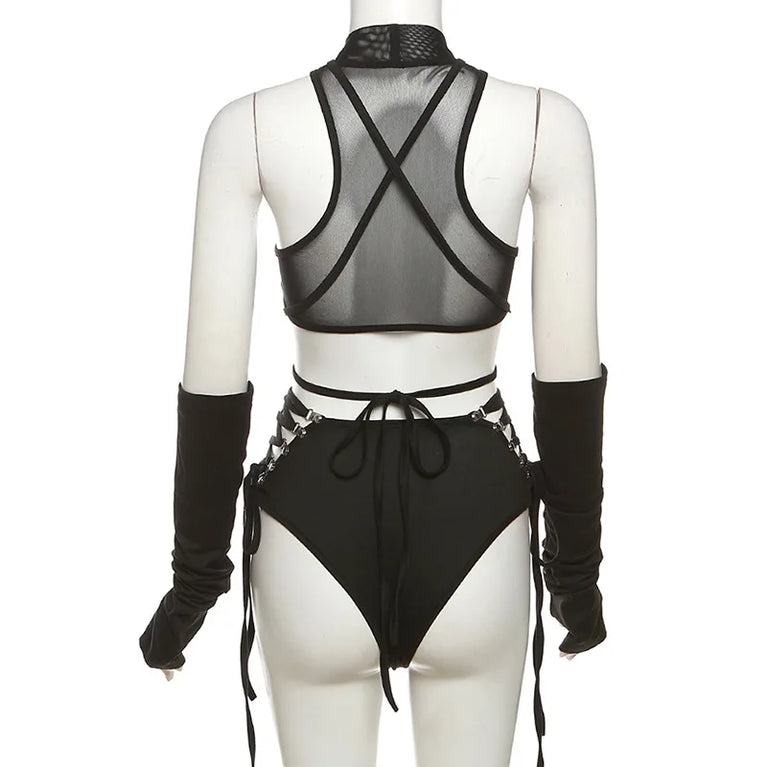 Gothic Techwear Bodysuit | Cyber Y2K Mesh Patchwork