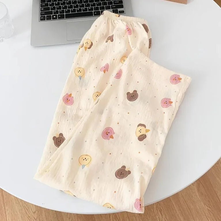 Cartoon Bear Summer Pajama Pants | Loose High Rise Trousers