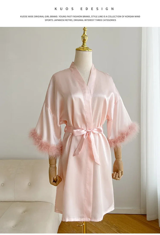 Bridal Satin Robe | Feather-Trim Wedding Kimono