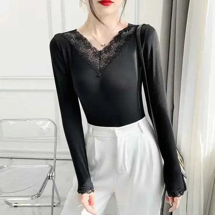 Autumn Long Sleeve Shirt V Neck Thin Blouse Women Top