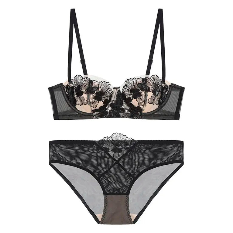 EMBROIDERY PUSH UP UNDERWIRE SEXY LINGERIE BRA SET FLORAL CUP