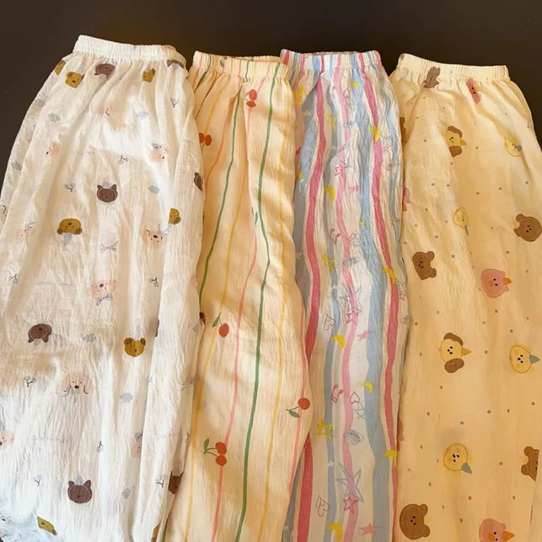 Cartoon Bear Summer Pajama Pants | Loose High Rise Trousers