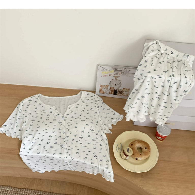 Women’s Floral Summer Pajama Set | Korean Style Home Clothes