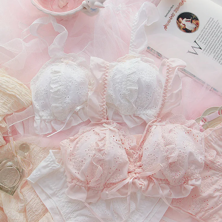 Sweet Lolita Cotton Embroidery Bra Set | Wireless Ruffle Duo