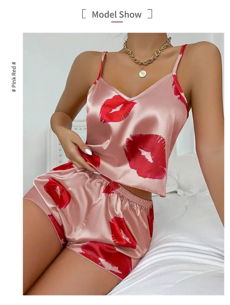 Women’s Satin Heart Pajama Set | V-Neck Cami & Silky Shorts