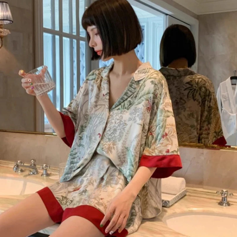 Women’s Ice Silk Sleepwear Set | Sweet Short Sleeve PJs