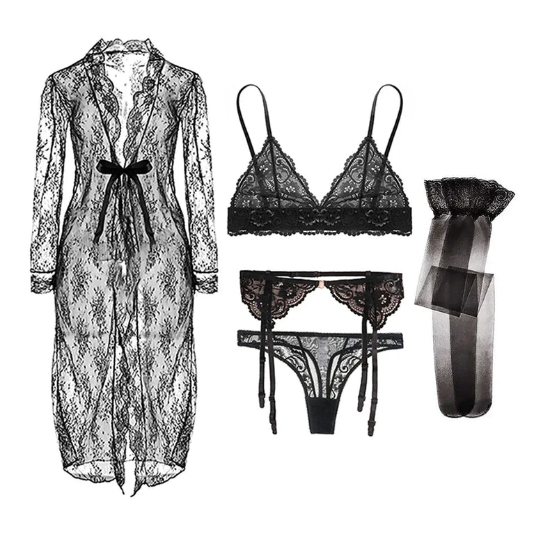 Seamless Floral Lace 4-Piece Lingerie Set – Sexy Underwire Bra & Robe