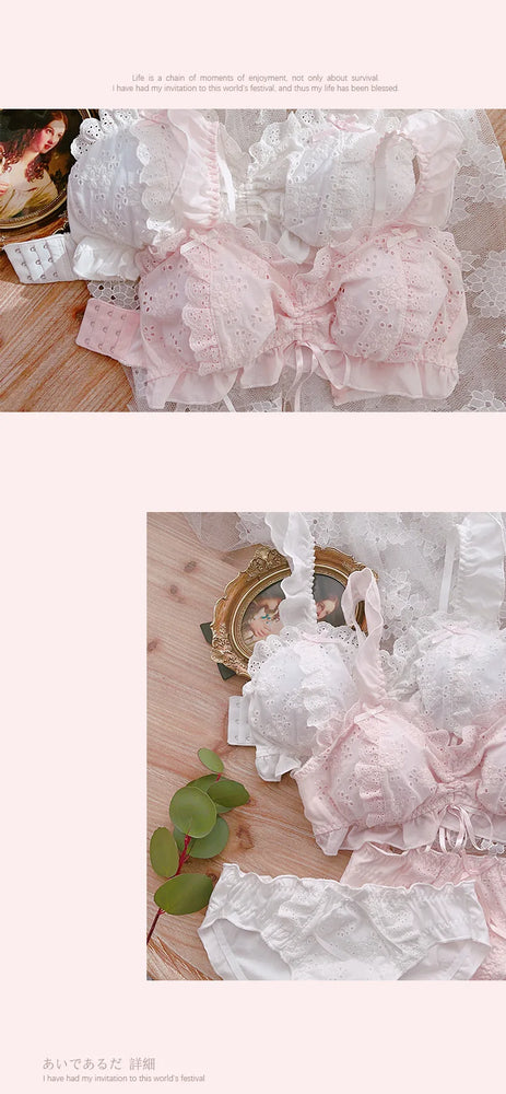 Sweet Lolita Cotton Embroidery Bra Set | Wireless Ruffle Duo