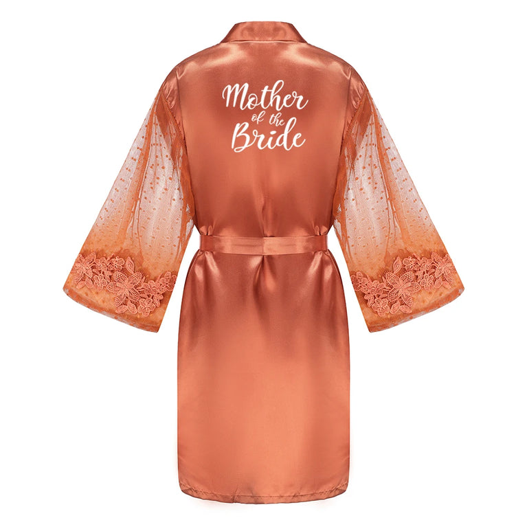 Caramel Wedding Robe | Mesh-Sleeve Satin Kimono