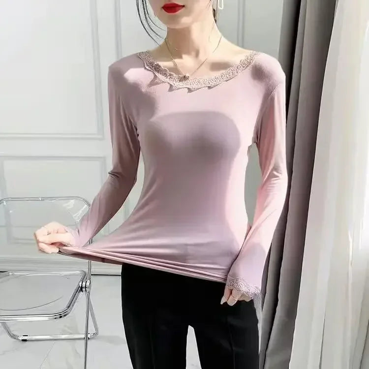 Women’s Thin Modal Thermal Top | Elegant Lace Trim Base Layer