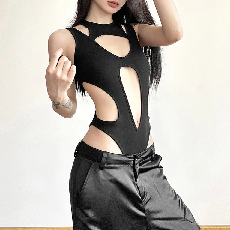 Hollow-Out Gothic Bodysuit | Sexy Woven Spring Top