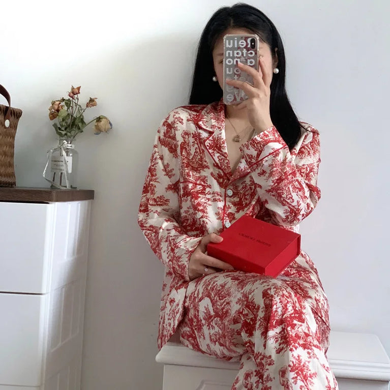 Elegant Floral Satin Pajama Set | Long Sleeve Summer Sleepwear