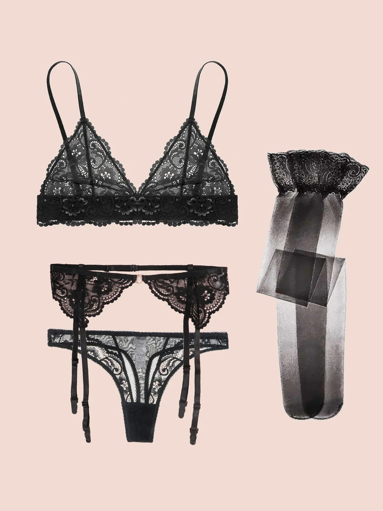 Seamless Floral Lace 4-Piece Lingerie Set – Sexy Underwire Bra & Robe