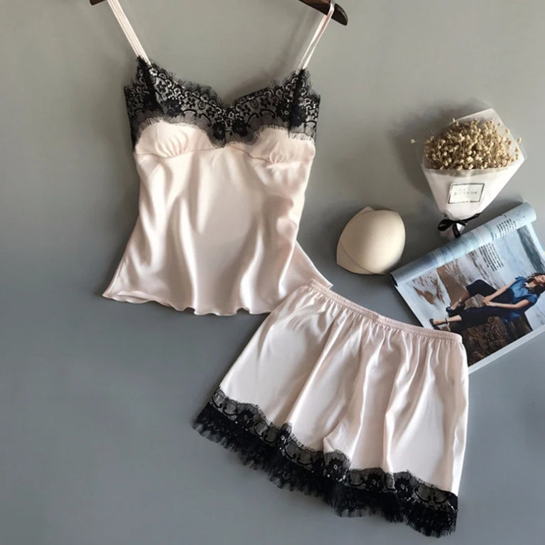 100% Pure Silk Pajama Set | V-Neck Suspender Cami & Shorts